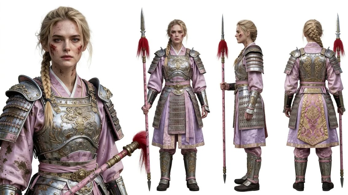 Three-view character reference example from the source article